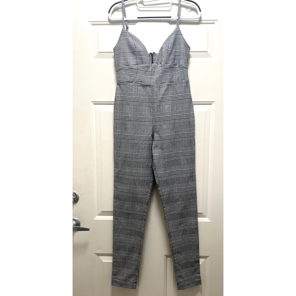 NBD  Ocupada Revolve Jumpsuit Sz S Plunging Neckline Back Zip Black White Plaid